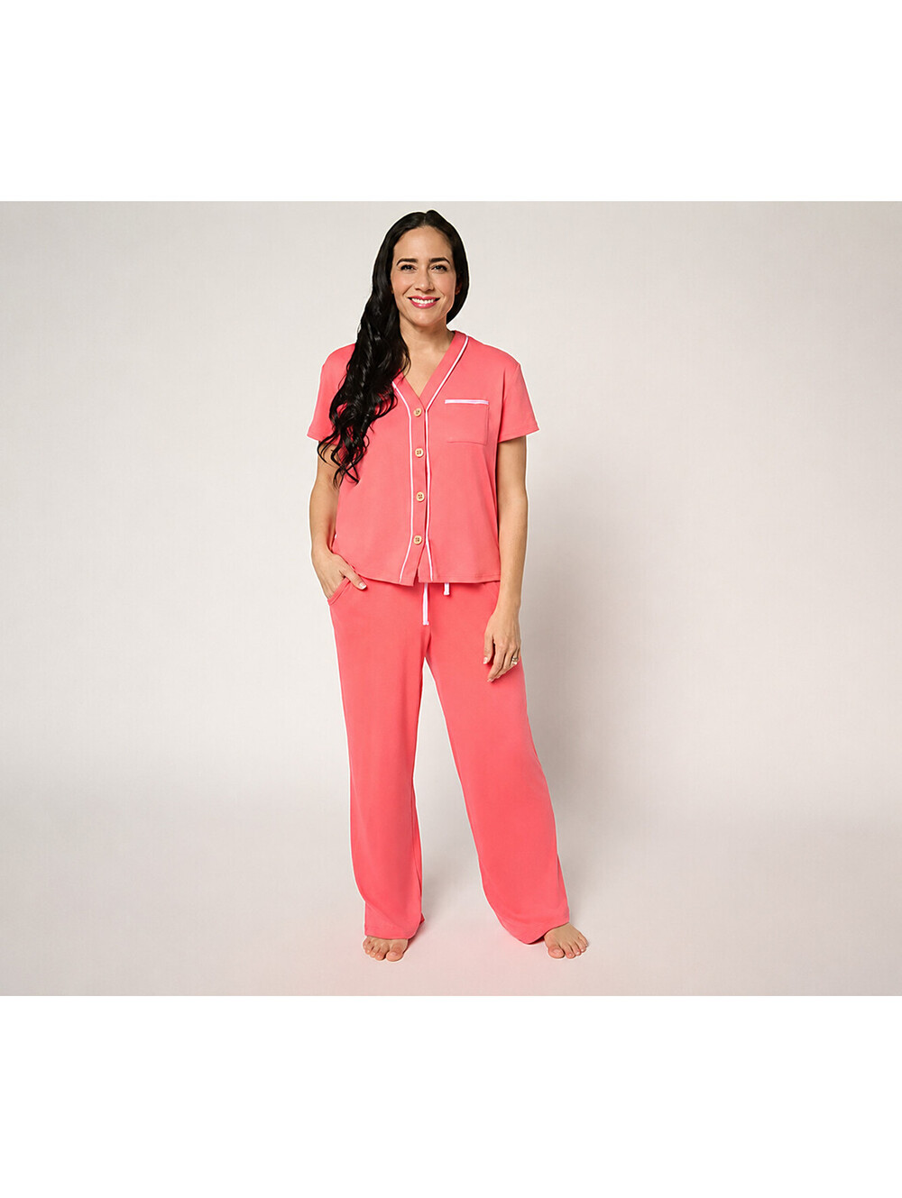 MUK LUKS Dream Cloud Button Front Short Sleeve Pajama Set Coral, Size 1X